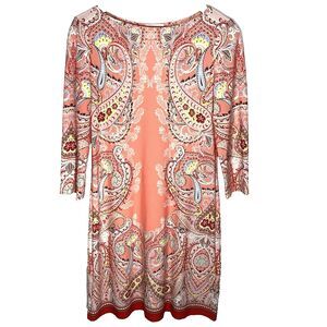 London Times Shift Mini Dress Paisley 3/4 Sleeve Boat Neck Stretch Women 4 Peach